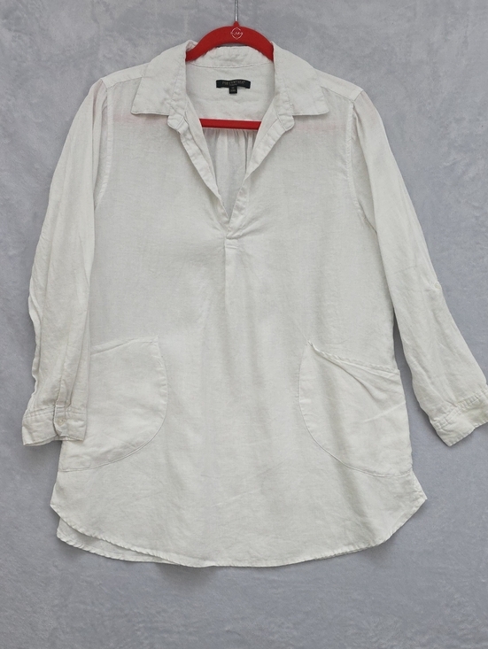 For Cynthia Tops - For Cynthia Off-White Women's Linen Tunic Blouse 1x Rolls Tab Sleeves Pockets